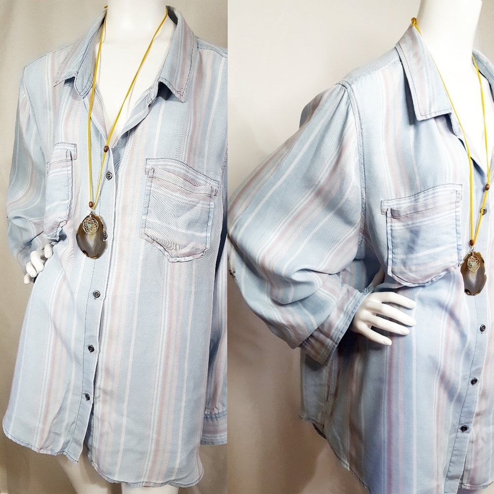Standard Grace💙Pastel Striped Long Sleeves Buttoned Blouse Top